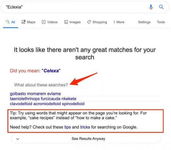 Сотрудники SEMRush заметили, что Google дает пользователям советы, когда не может найти ни одного результата по запросу